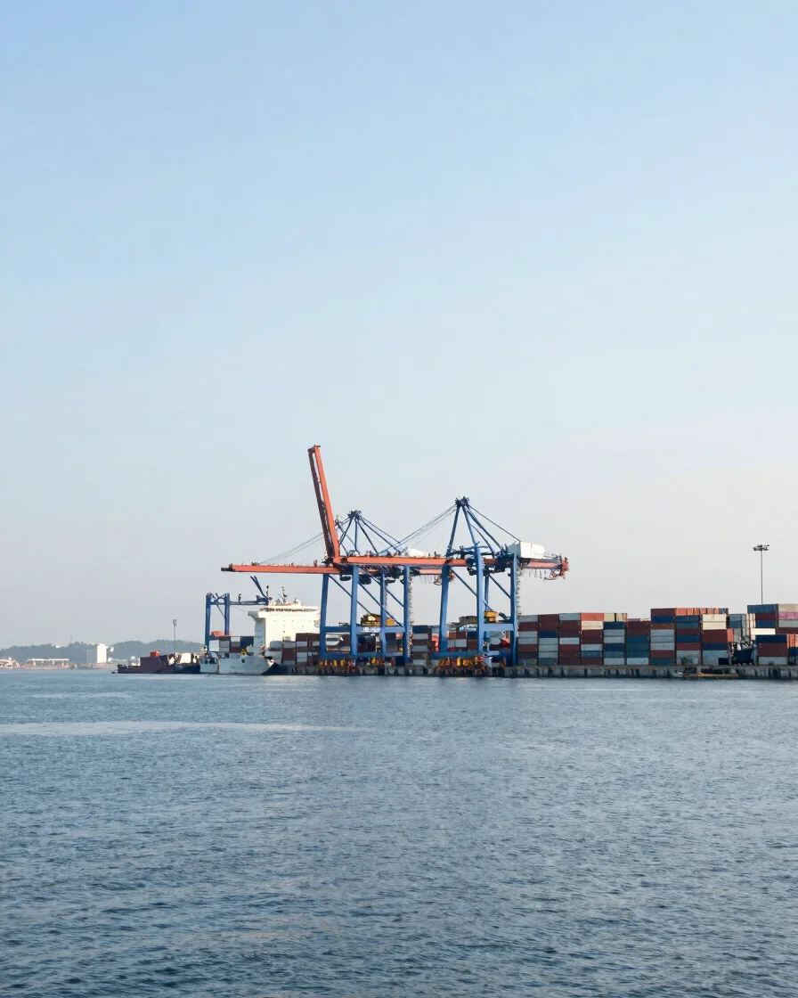 Wide editorial maritime photograph of a modern container port at clear daylight, a dock crane and stacked containers in
